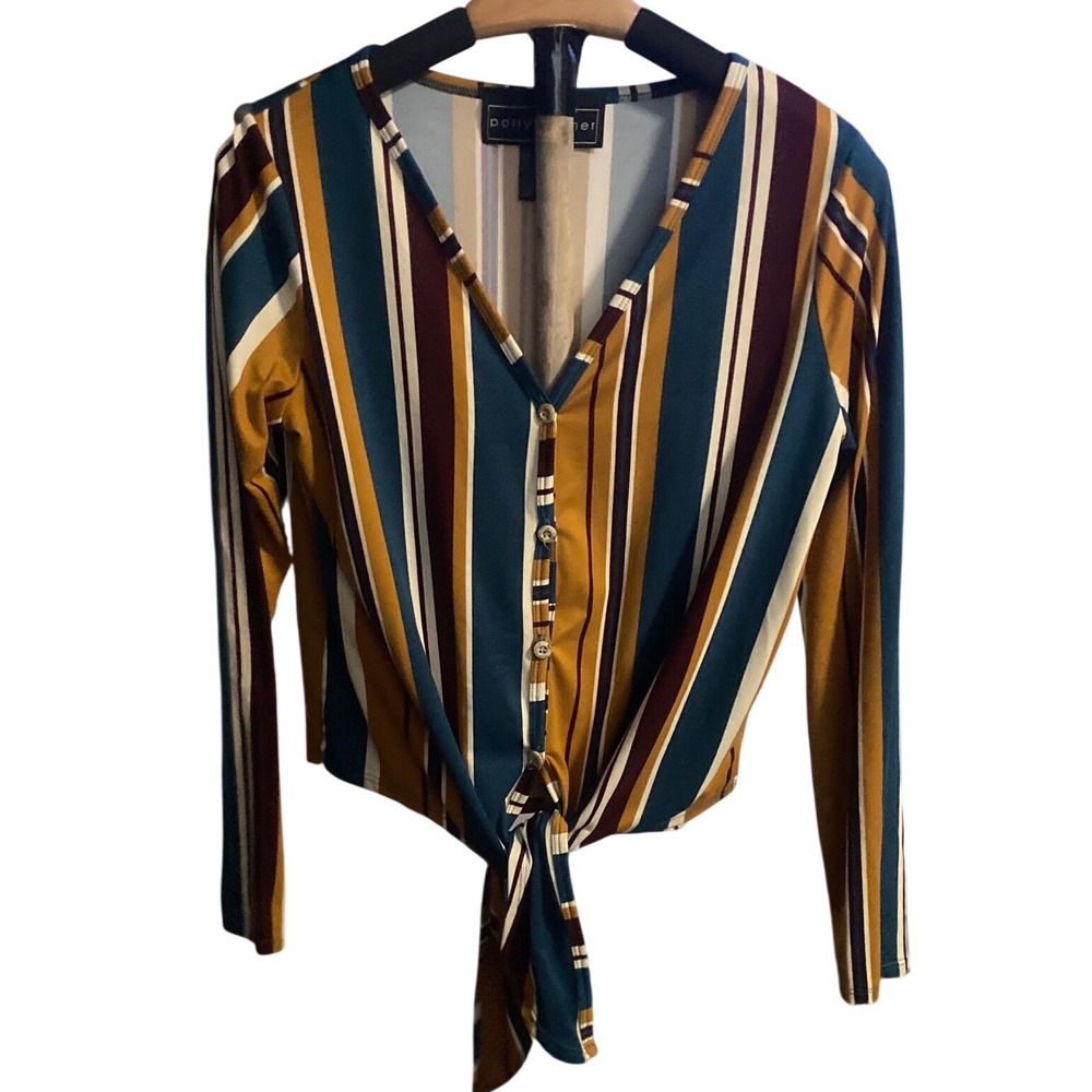 Polly & Esther Womens Striped Button Down Tie Front Long Sleeve Top Multicolor‎